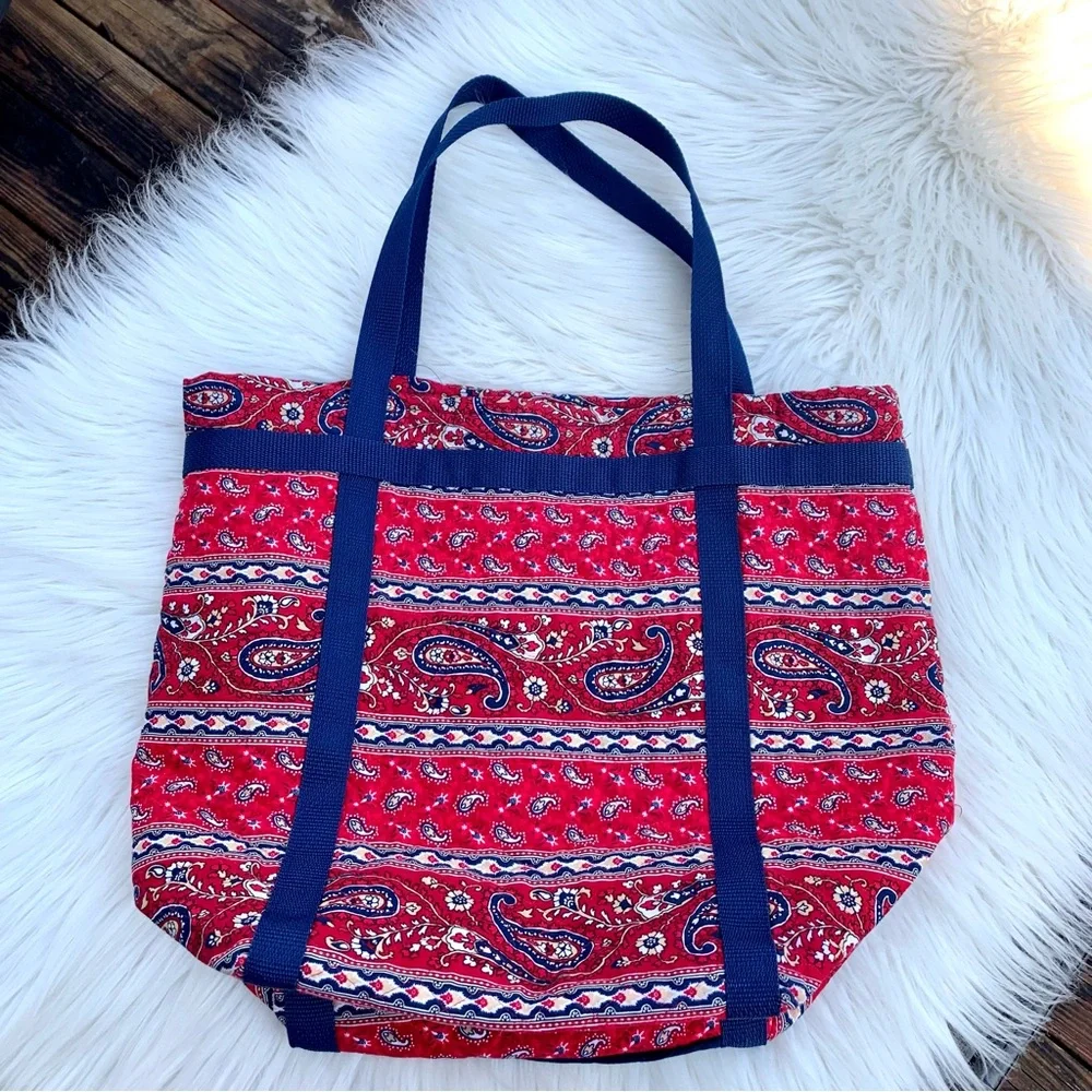 Handmade Red & Blue Paisley Floral Quilted Oversized Tote Purse Bag